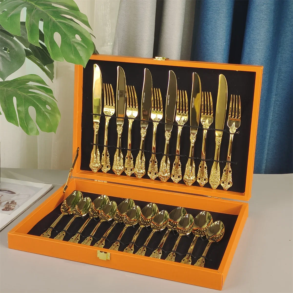 

24 pieces of high-end stainless steel tableware set, steak knife, fork, dessert spoon, hotel banquet restaurant gift