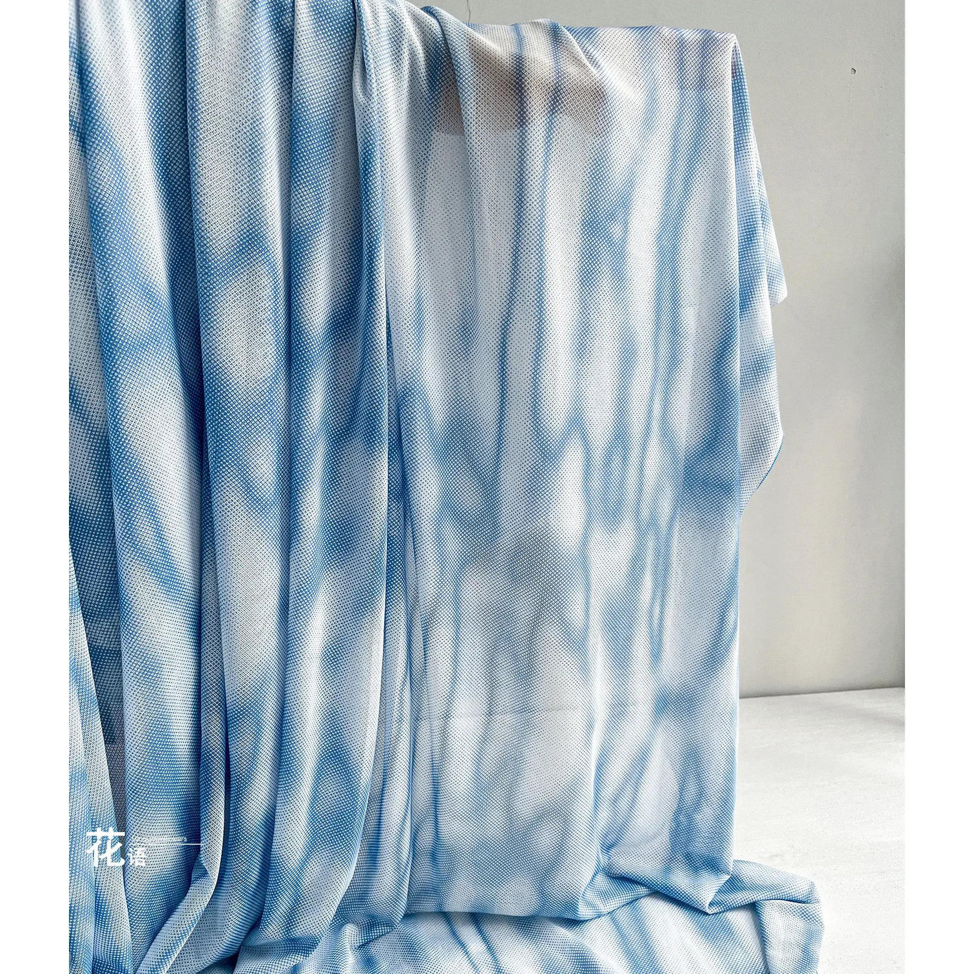 Blue Ombre Polka Dot Stretch Mesh Designer Fabric Sheer Printed Textile for Dresses, Custom Apparel and Textile Projects