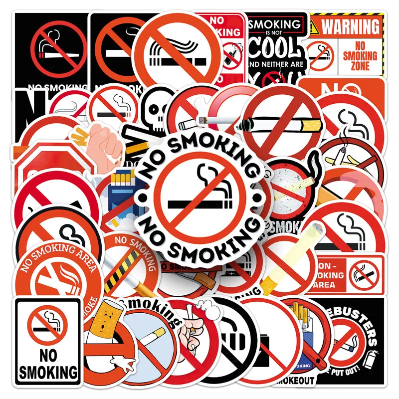 50Pcs No Smoking Warning Sign Stickers Cool Decals for Laptop Skateboard Fridge Guitar Motorcycle DIY Decor