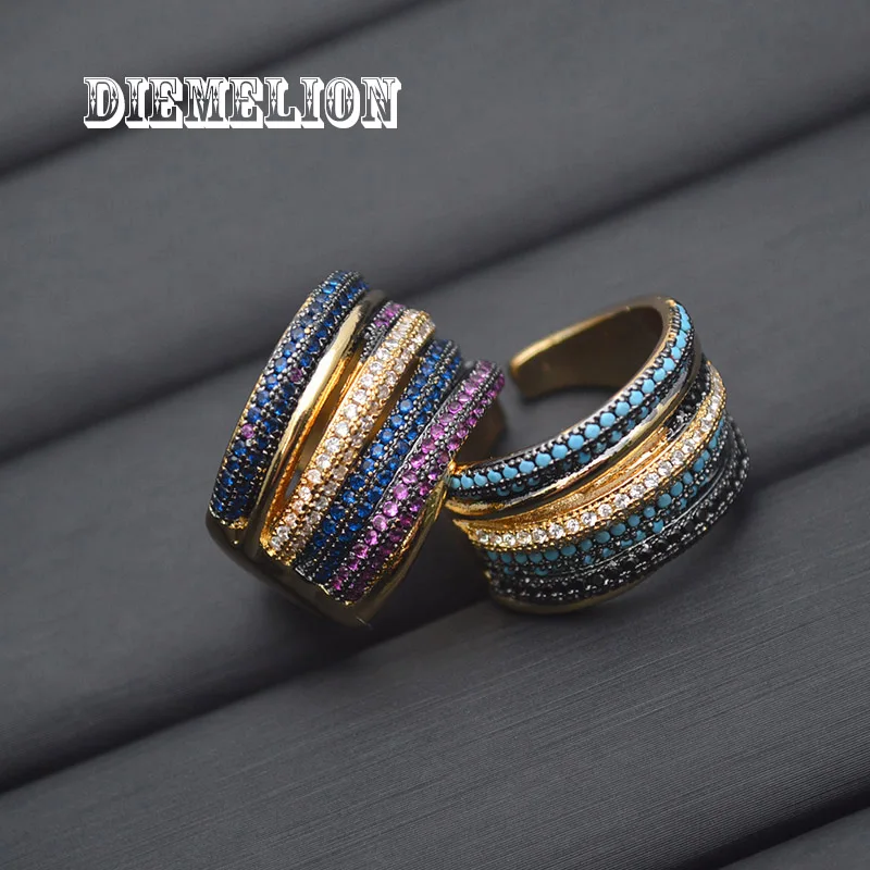 Luxury Designer Two Tone Gold Plated Micro Full Colorful CZ Rings for Women Geometry Shape Multi Layer Adjustable Big Ring