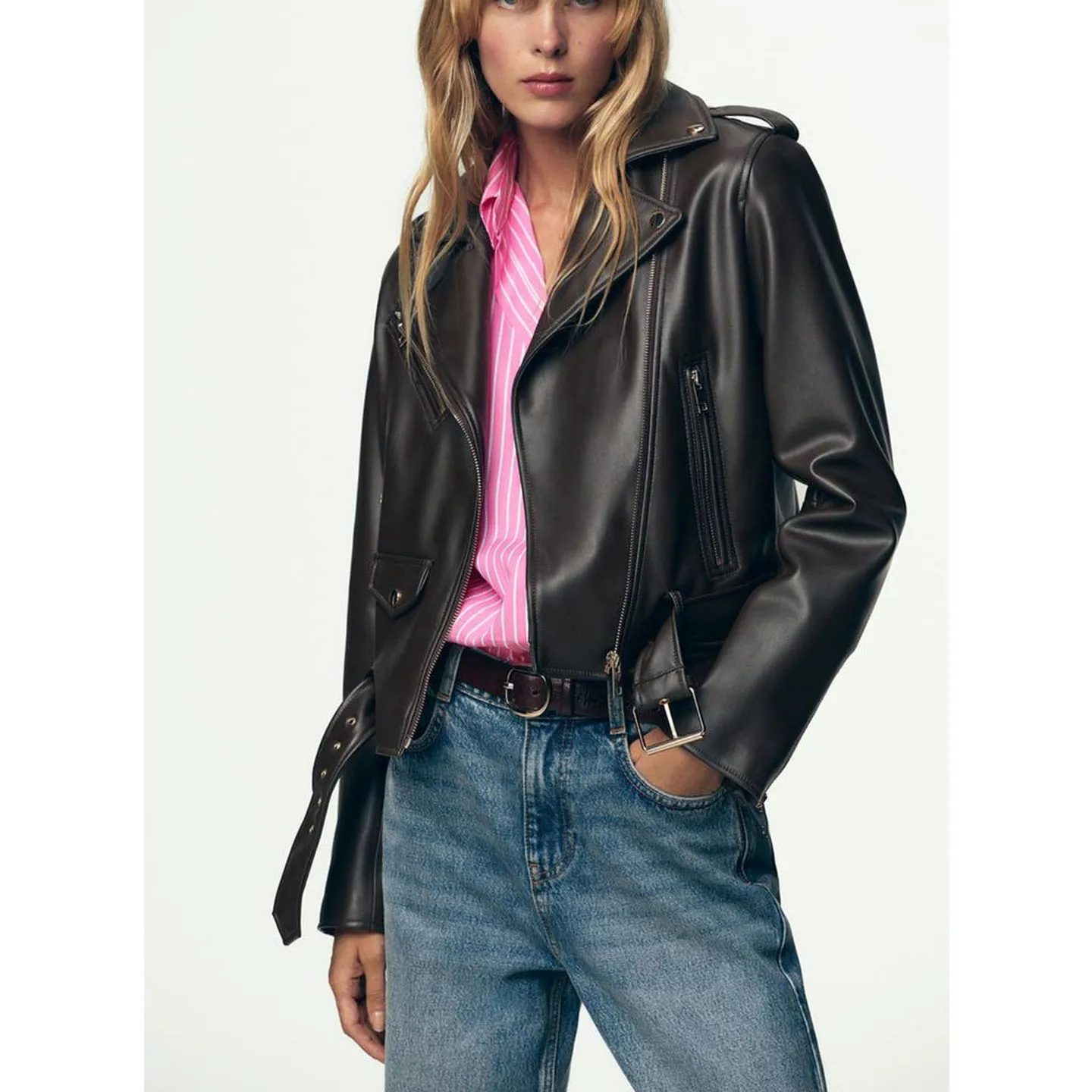 

Briti Sle Байкерская куртка из искусственной кожи, осеннее новое поступление, длинный воротник-стойка с застежкой-молнией, длина для поездок на работу