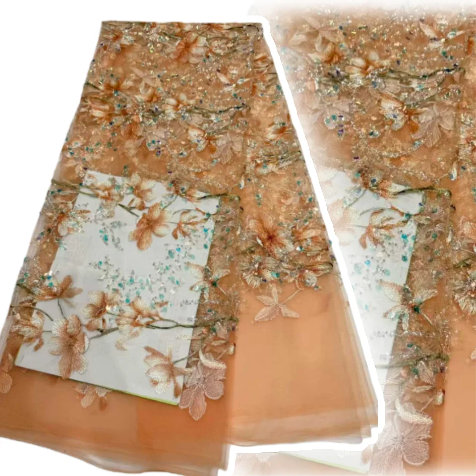 

Роскошная оранжевая высококачественная свадебная вечеринка, вышитая французская тюль с блестками, кружевная ткань, африканская кружевная ткань для платьев, платья CC1722