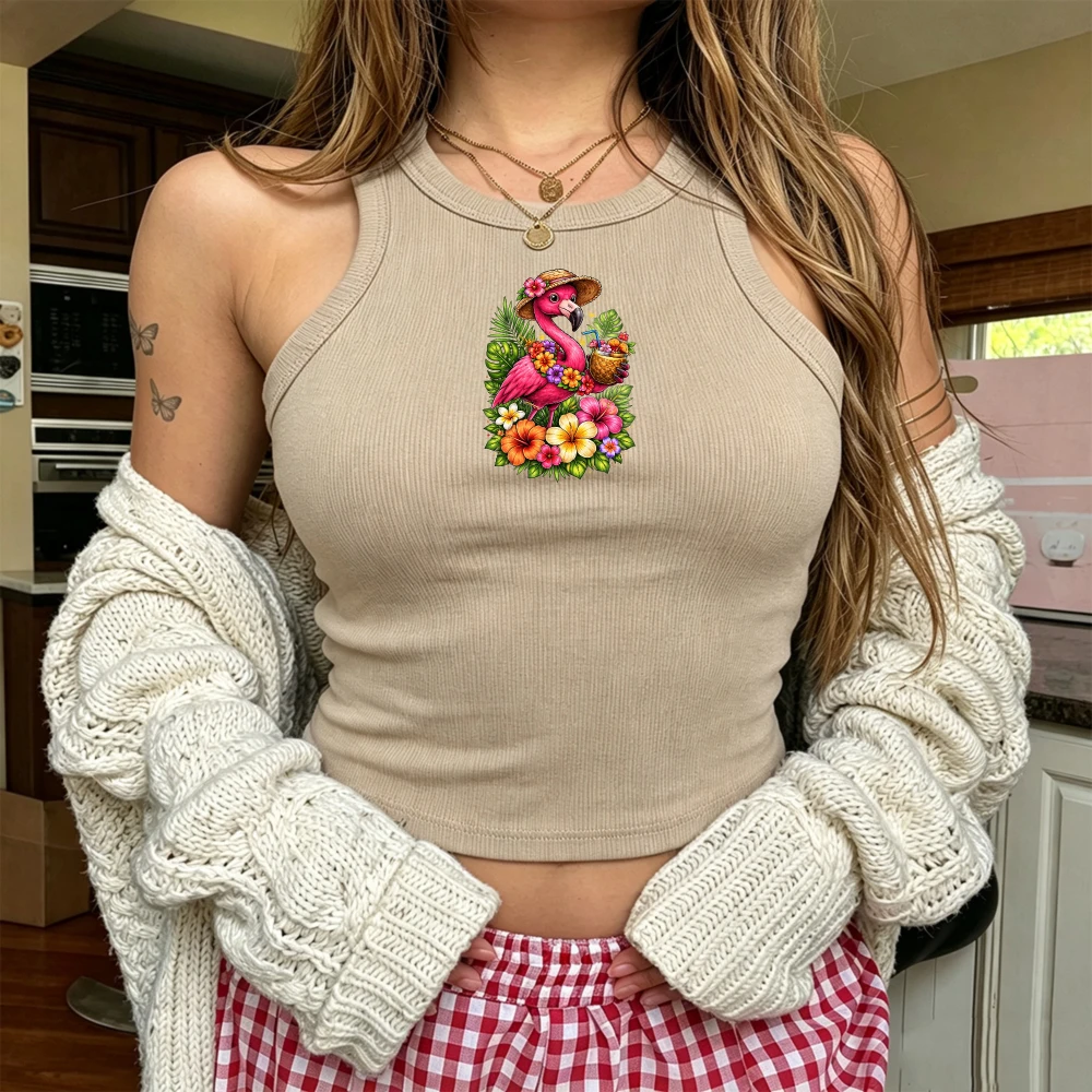 Camiseta sin mangas con estampado de flamenco tropical para mujer, estilo Y2K, estética urbana, linda camiseta con estampado animal, chaleco acanalado para verano
