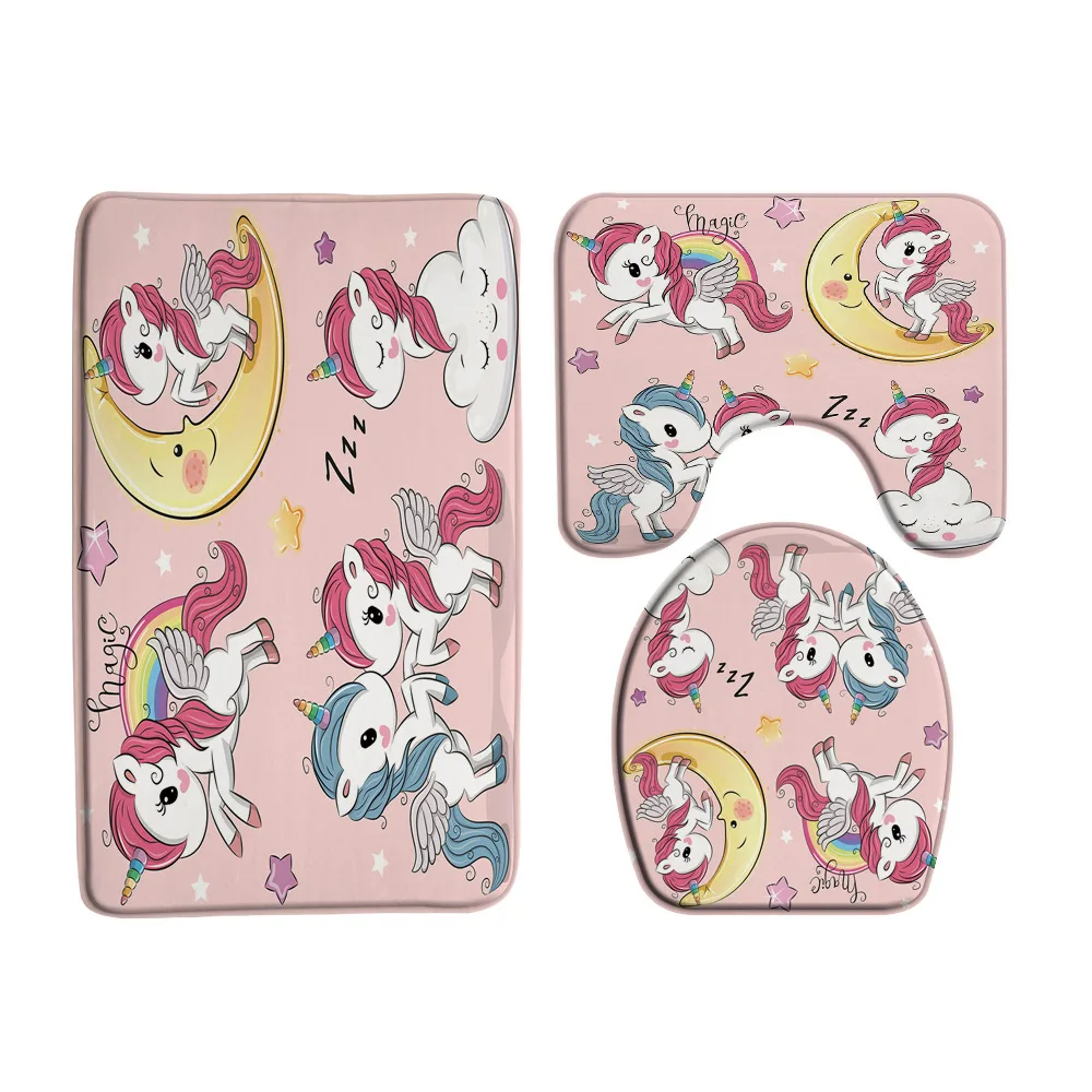 Unicorns Rainbow Cute Cloud Bath Mat Set Abstract Colorful Animal Kid Girl Bathroom Doormat Non Slip Carpet Rug Toilet Lid Cover