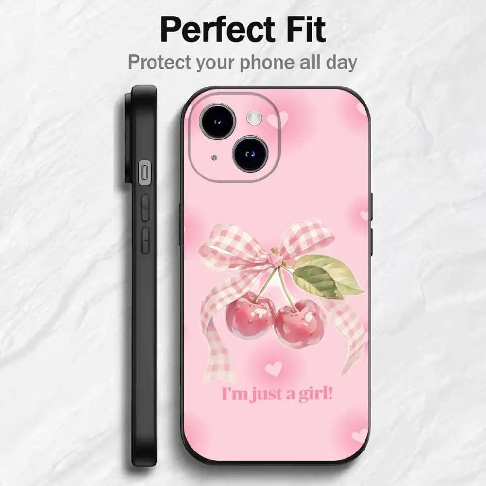 Casing iPhone Lucu Motif Buah Ceri Pink Untuk 17 16 15 14 13 12 11 Mini XS XR X 6S 6 Pro Max Plus Hitam Bahan Lembut