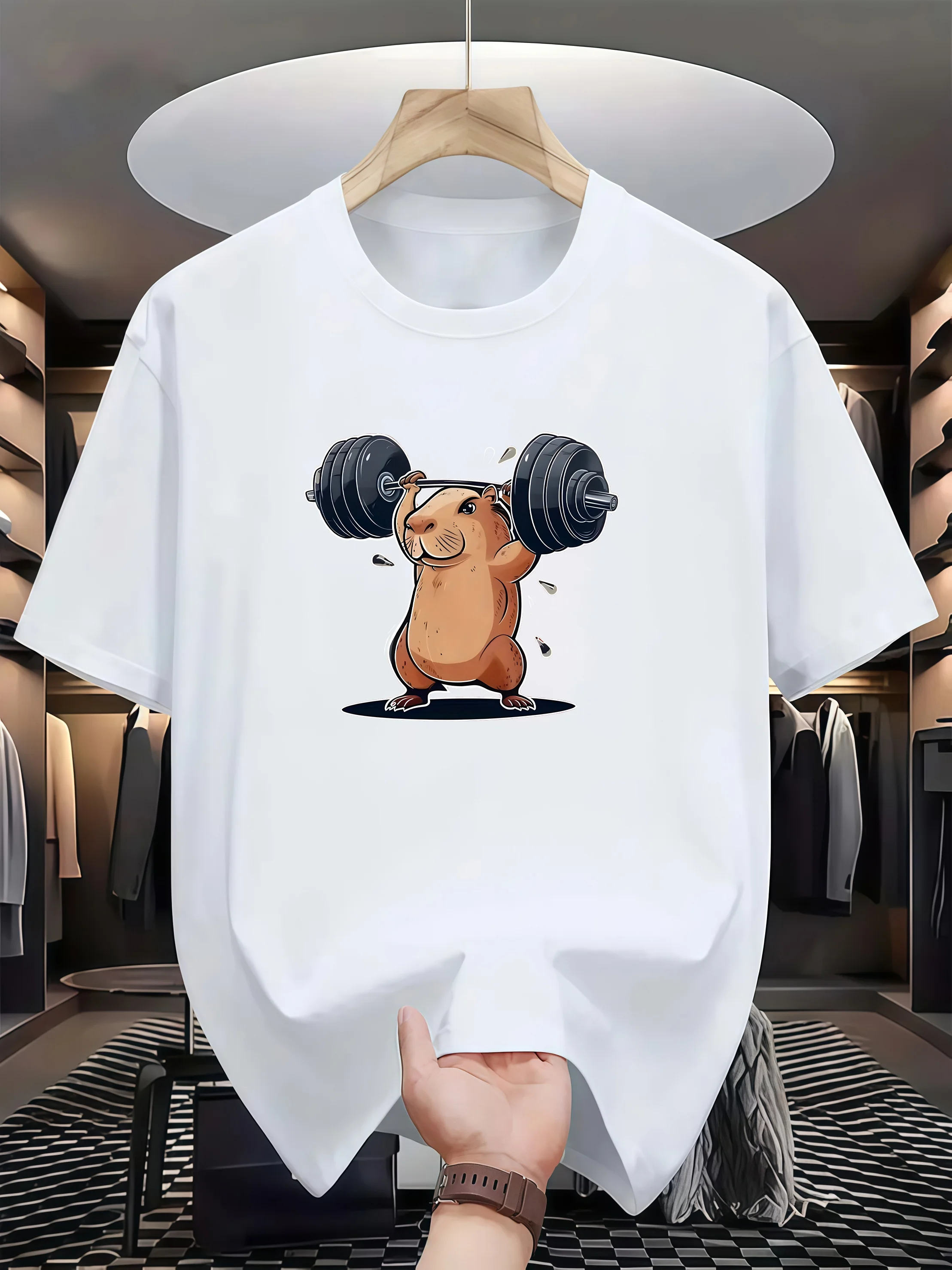 Capybara Lifting Weights Graphic Tee Men Funny Gym Humor Cotton Workout Fitness T-Shirt