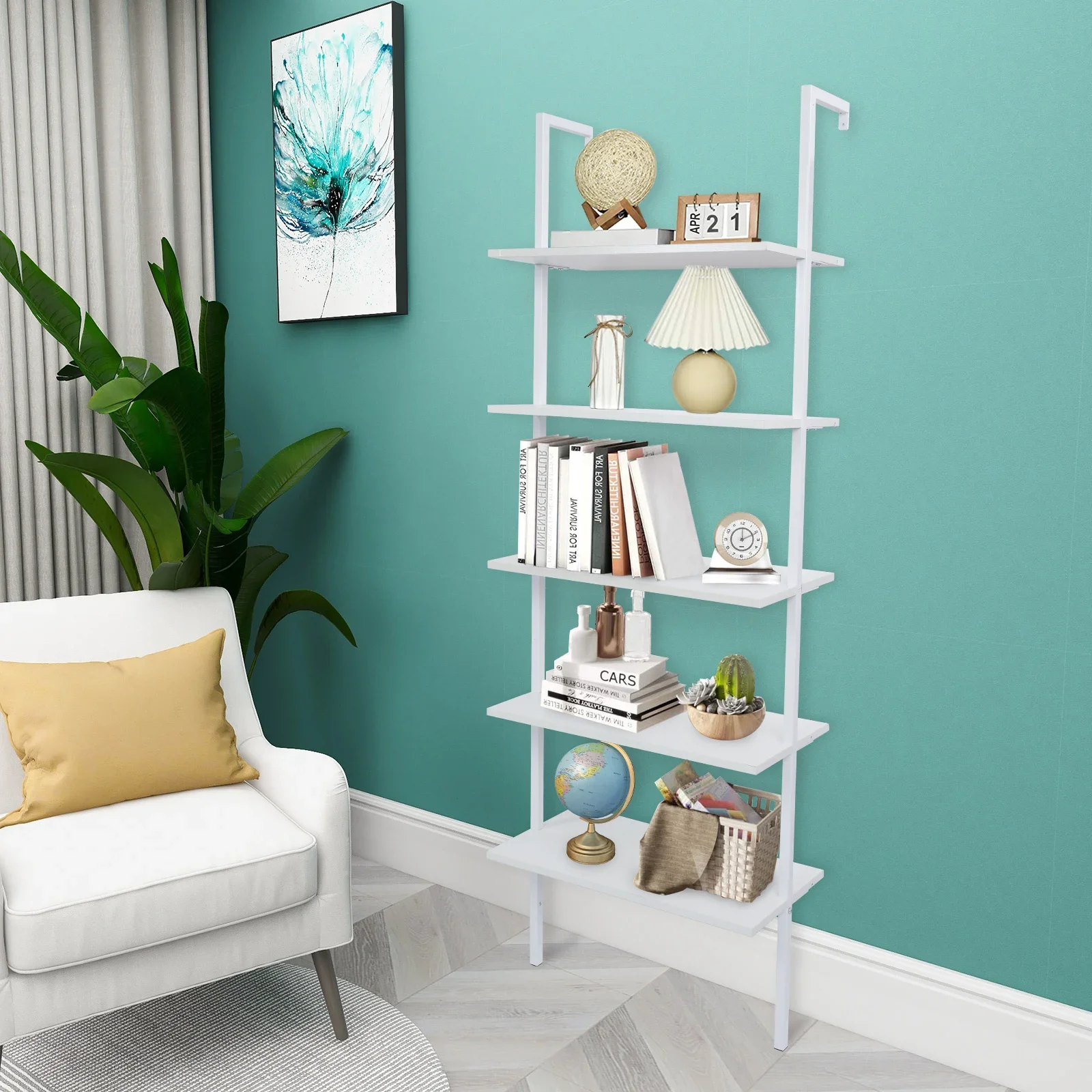 5-Shelf White Wood Ladder Bookcase with Metal Frame Industrial 5-Tier Modern Ladder Shelf Wood Shelves Storage Rack