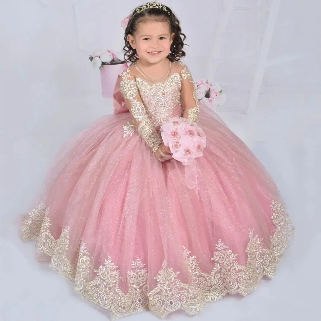 Con lazo de manga larga para boda, fiesta de cumpleaños, vestidos de comunión, vestidos de niña de flores personalizados de color rosa, apliques dorados