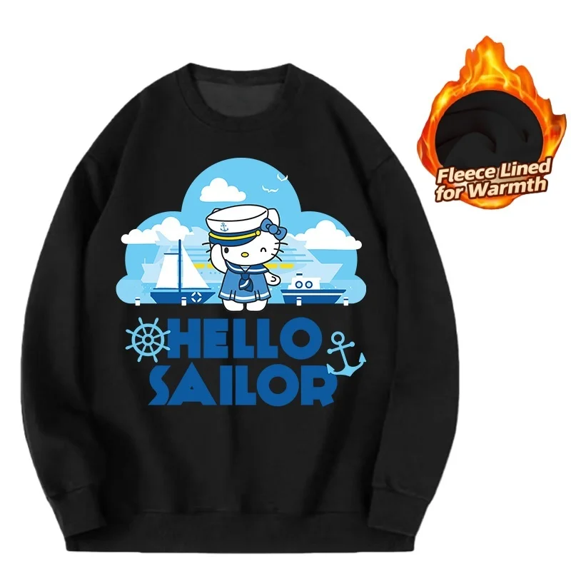 

Sanrio Series Printed Crew Neck Long-Sleeve Top, Cute and Warm Fleece-Lined Crew Neck Long-Sleeve T-Shirt, 100% Cotton