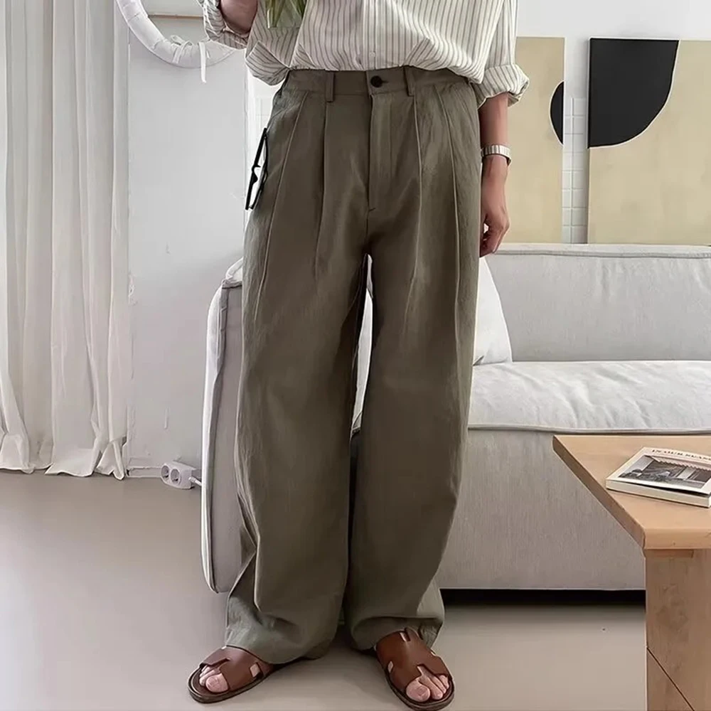 Y2K Mens Vintage Pleated Solid Color Trousers Autumn Casual Versatile Korean Straight Leg Trousers Men's Clothing Unisex 2024