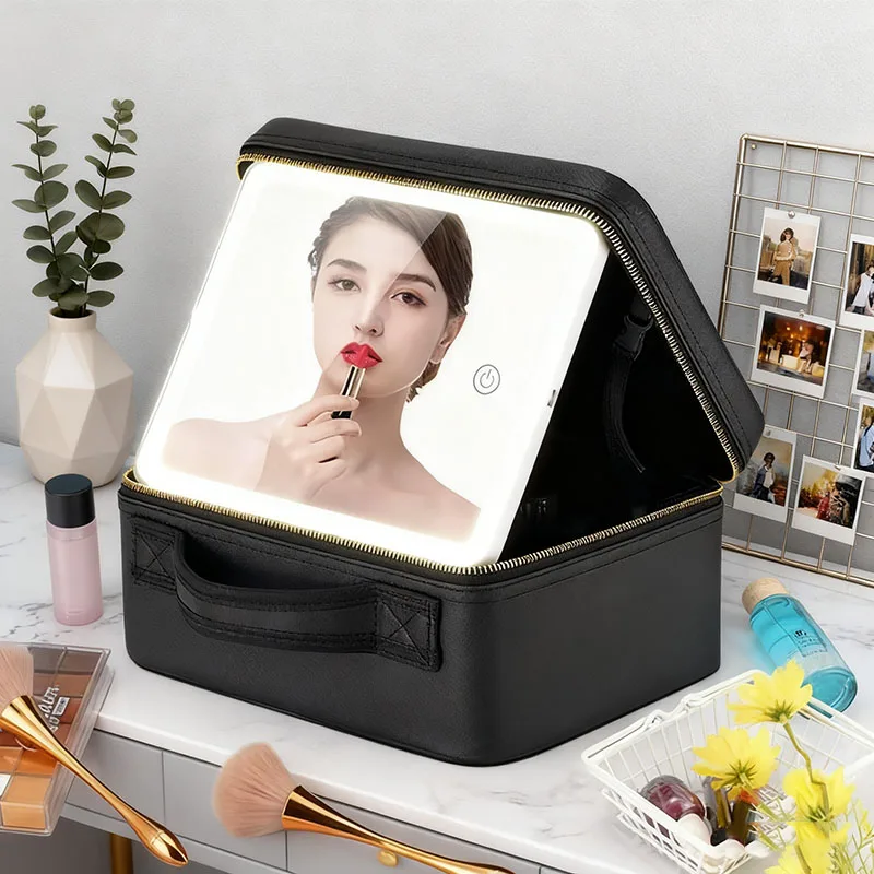 3 Color Travel Train Makeup Case Mirror,Makeup Bag With LED Lighted Mirror,Portable Beauty Tools Cosmetics Storage Organizer Box