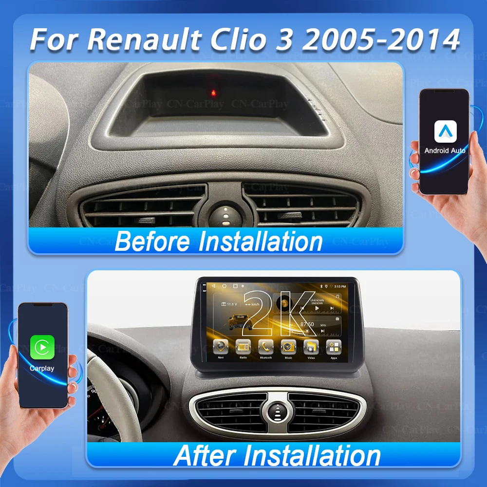 For Renault Clio 3 2005-2014 Car Radio Wireless CarPlay Android 16 Auto 5G Multimedia Player Navigation GPS 2din Autoradio DVR