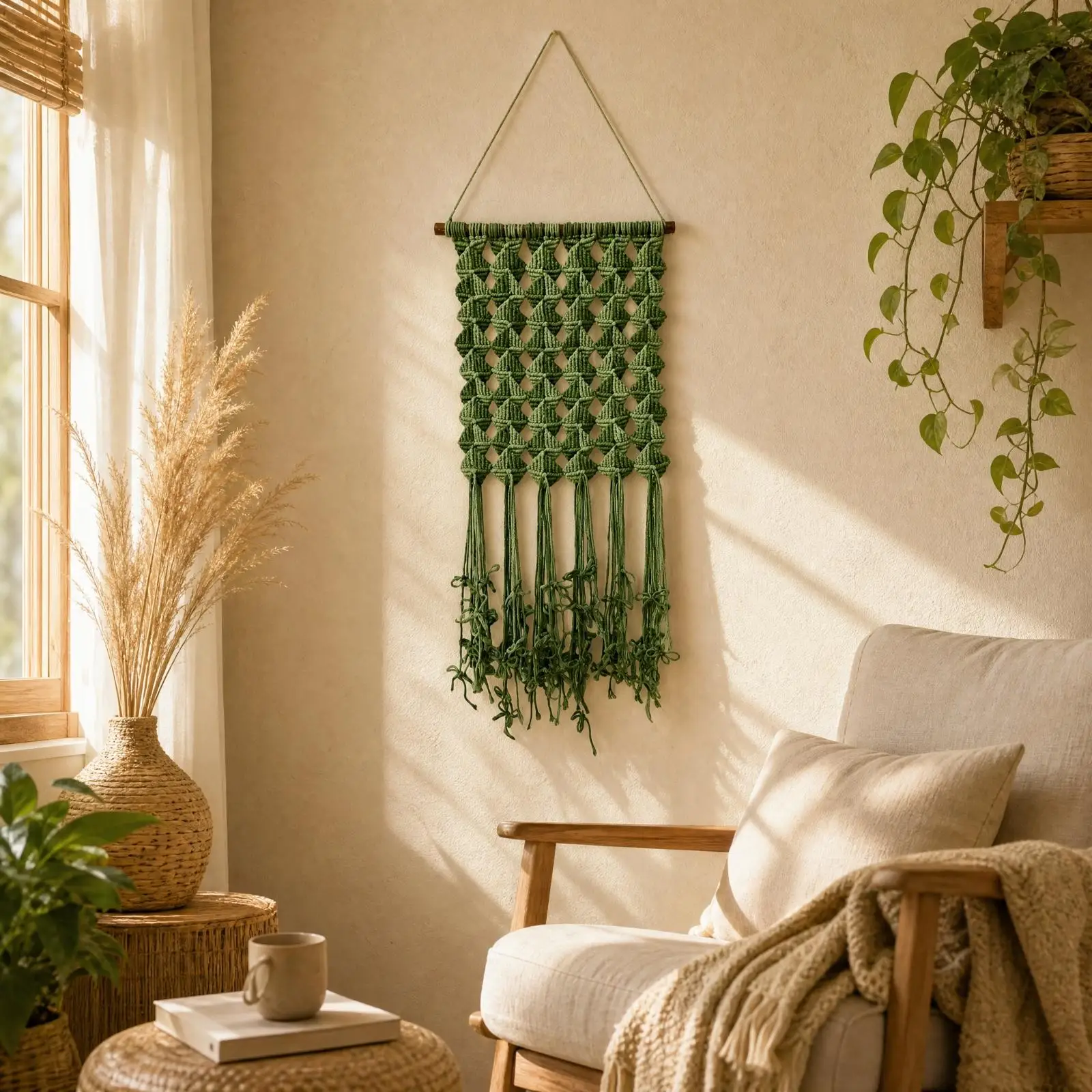 Green Cotton Wall Tapestry Handmade Fringe Hanging Art with Wood Rod for Bedroom Aesthetic Decor