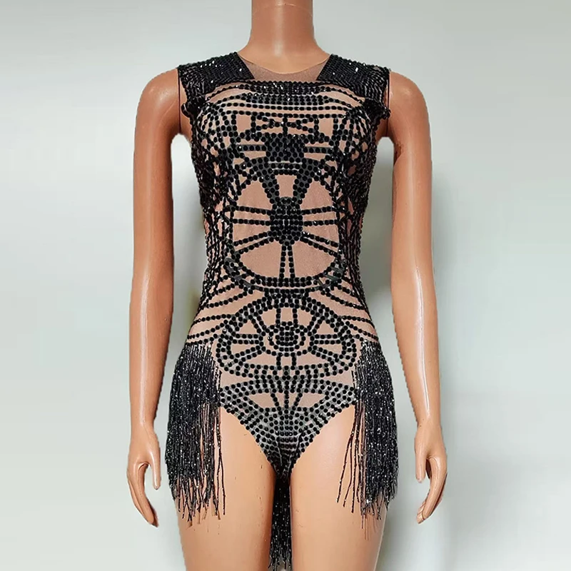 

Firnge Gogo Dance Costume Balck Sleeveless Bodysuit Dance Queen Performance Outfit Nightclub Bar Party Show Rave Clothing 3246