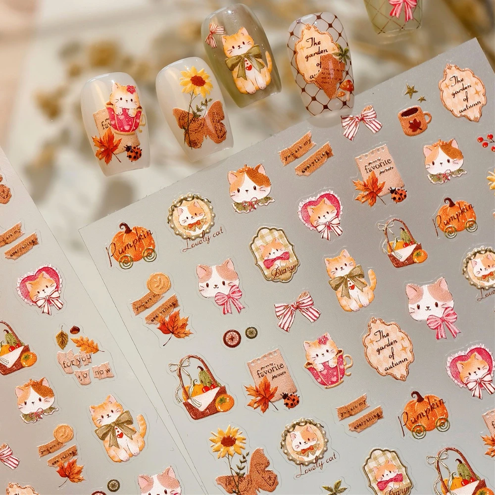 Retro carino bowknot gatto caffè foglia d'acero zucca girasole 5D adesivi autoadesivi in rilievo per nail art decalcomanie per manicure autunnali