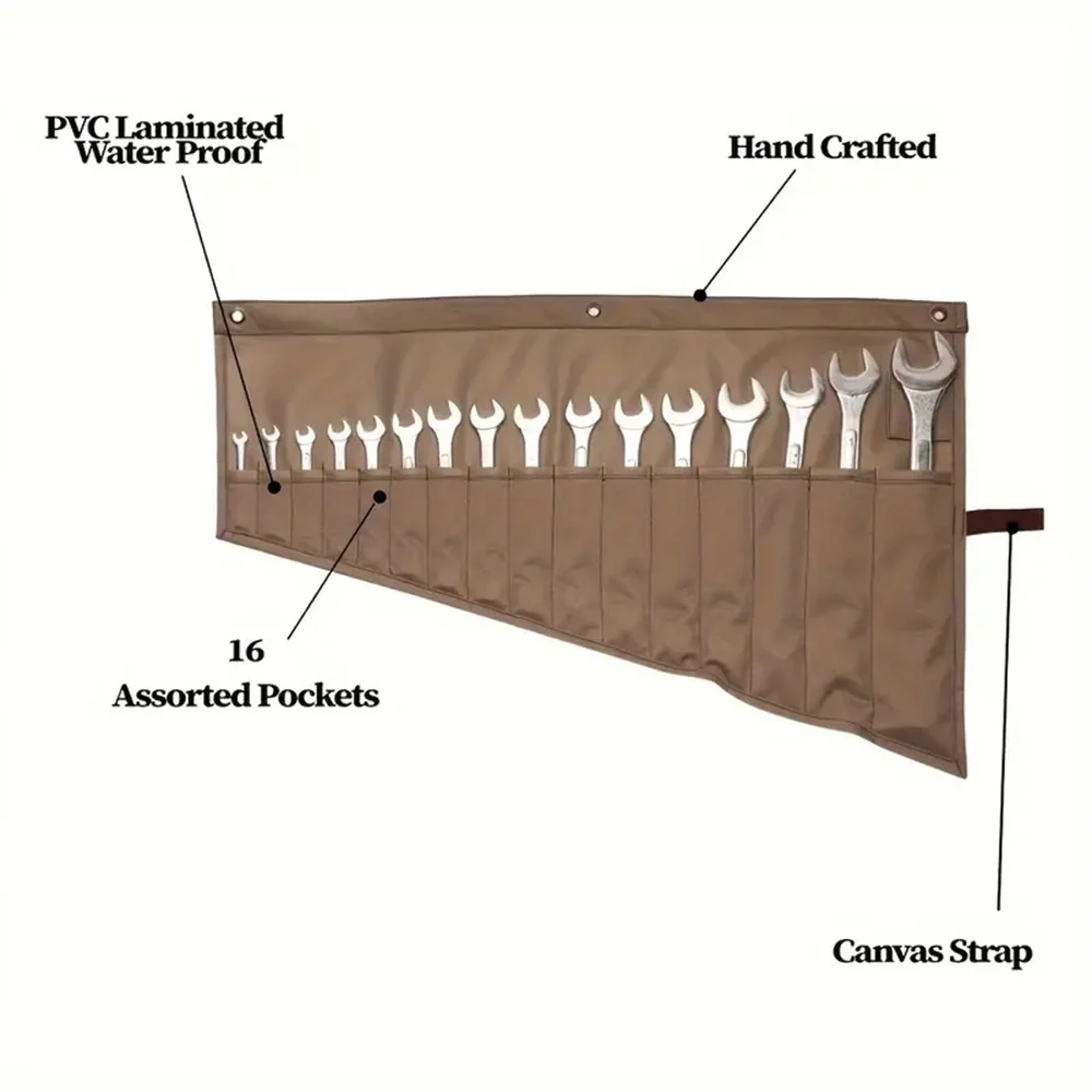 Versatile 16-Pocket Wrench Roll-Up Organizer: Waterproof, Durable Tool Storage Bag for On-the-Go Efficiency