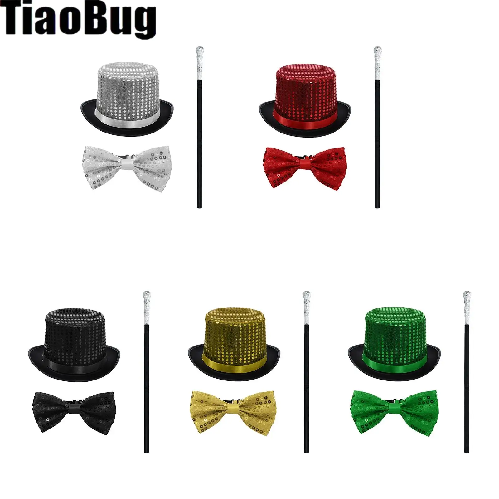 Conjunto de 3 peças para festivais e festas, com chapéu de palhaço, gravata borboleta e varinha destacável para performance de palco.