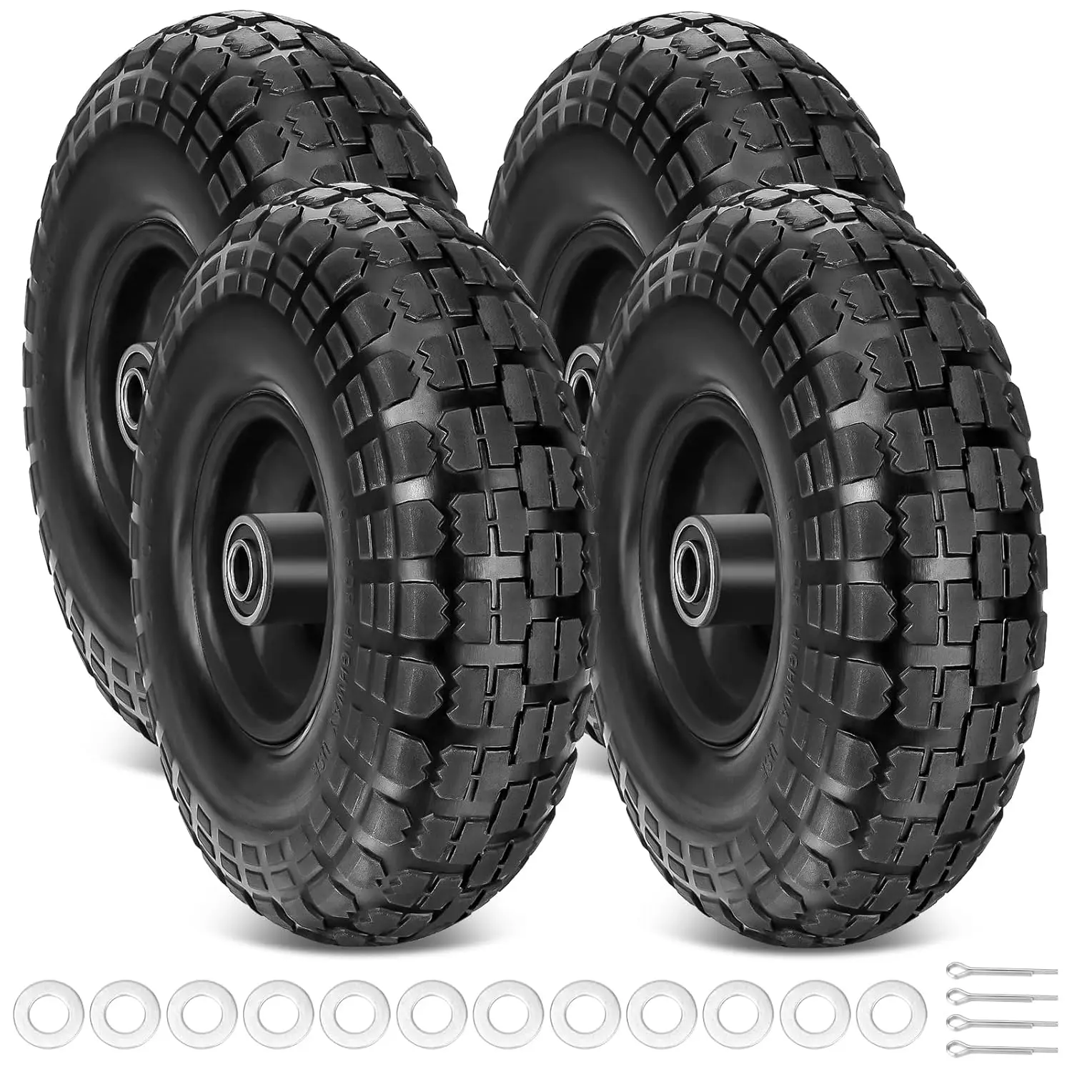 

10" Solid Tires, 4 Pack Flat-Free Wheels with 5/8" Axle Bore and Double Bearings for Carts