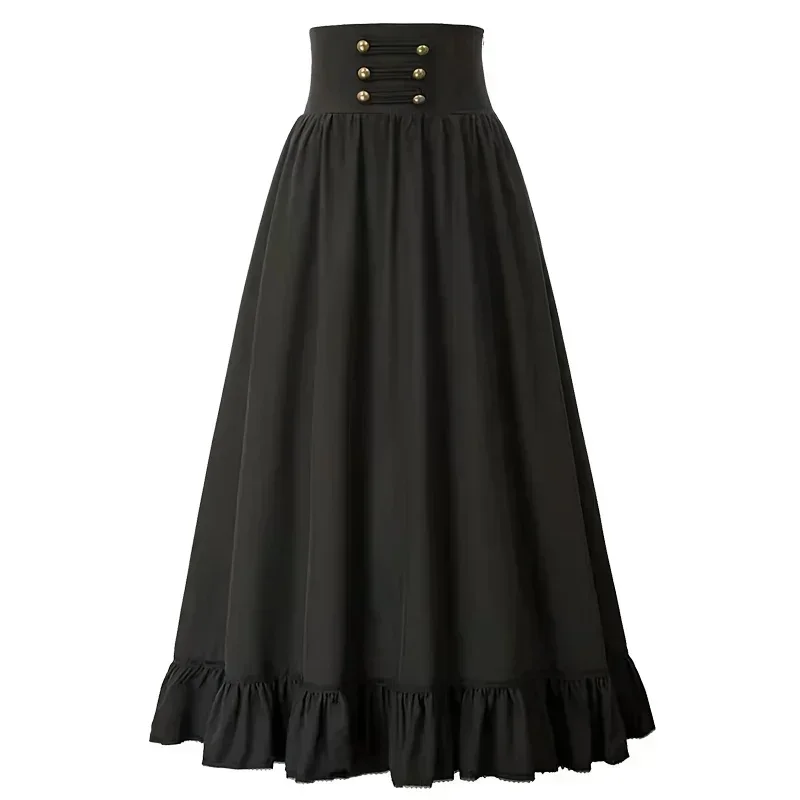 

Vintage Renaissance Pleated Maxi Corset Button Skirt Women A Line Costume Victoria High Waist Gown Big Swing Floor Ruffle Skirt