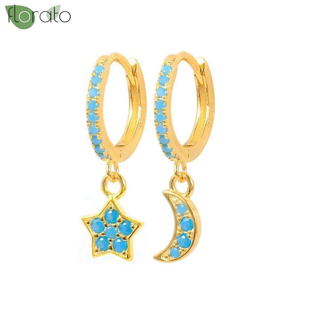 925 Sterling Silver Small Hoop Earrings, Blue Pendant