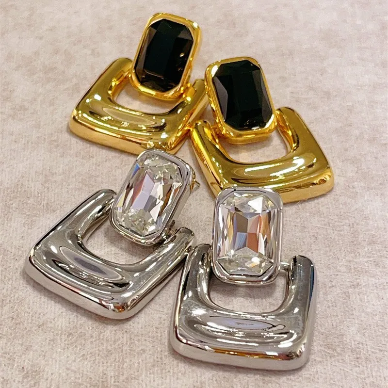 Vintage Geometric Metal Smooth Square Crystal Earrings for Women Europe And America Personality Exaggerated Party Jewelry Gifts
