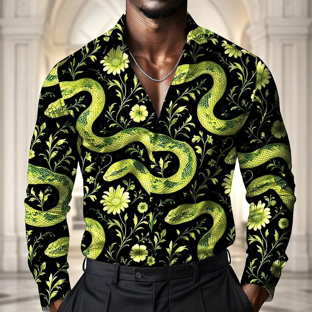 Men's Animal Snake Flowers Casual Shirt Long Sleeve Vintage Retro Vacation Daily Wear Fall Turndown 3D Print Button Up Shirts