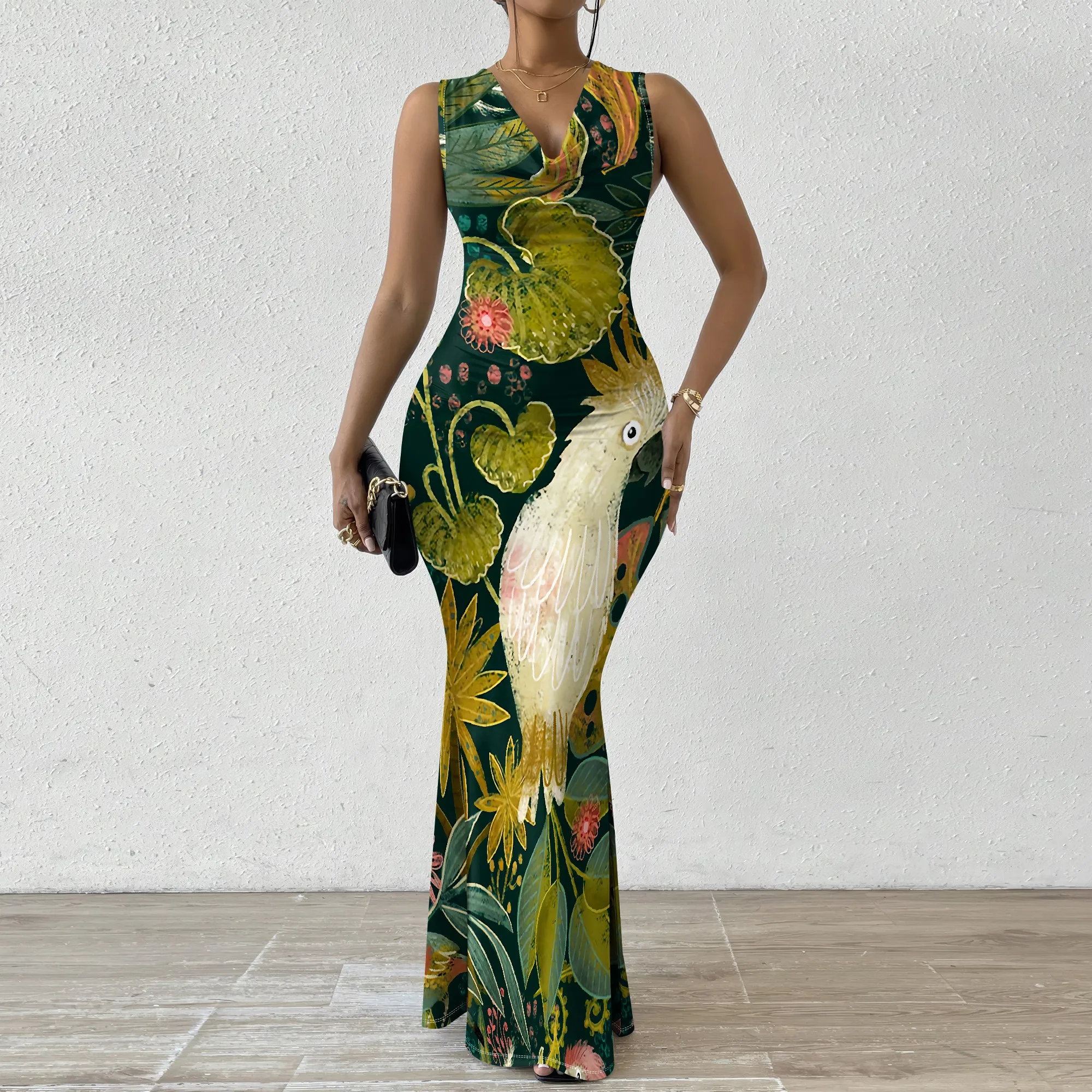 

Tropical Bird Print Maxi Dress XS-2XL, Sleeveless V-Neck Dress for Women, Perfect for Summer Vacations & Beach Parties
