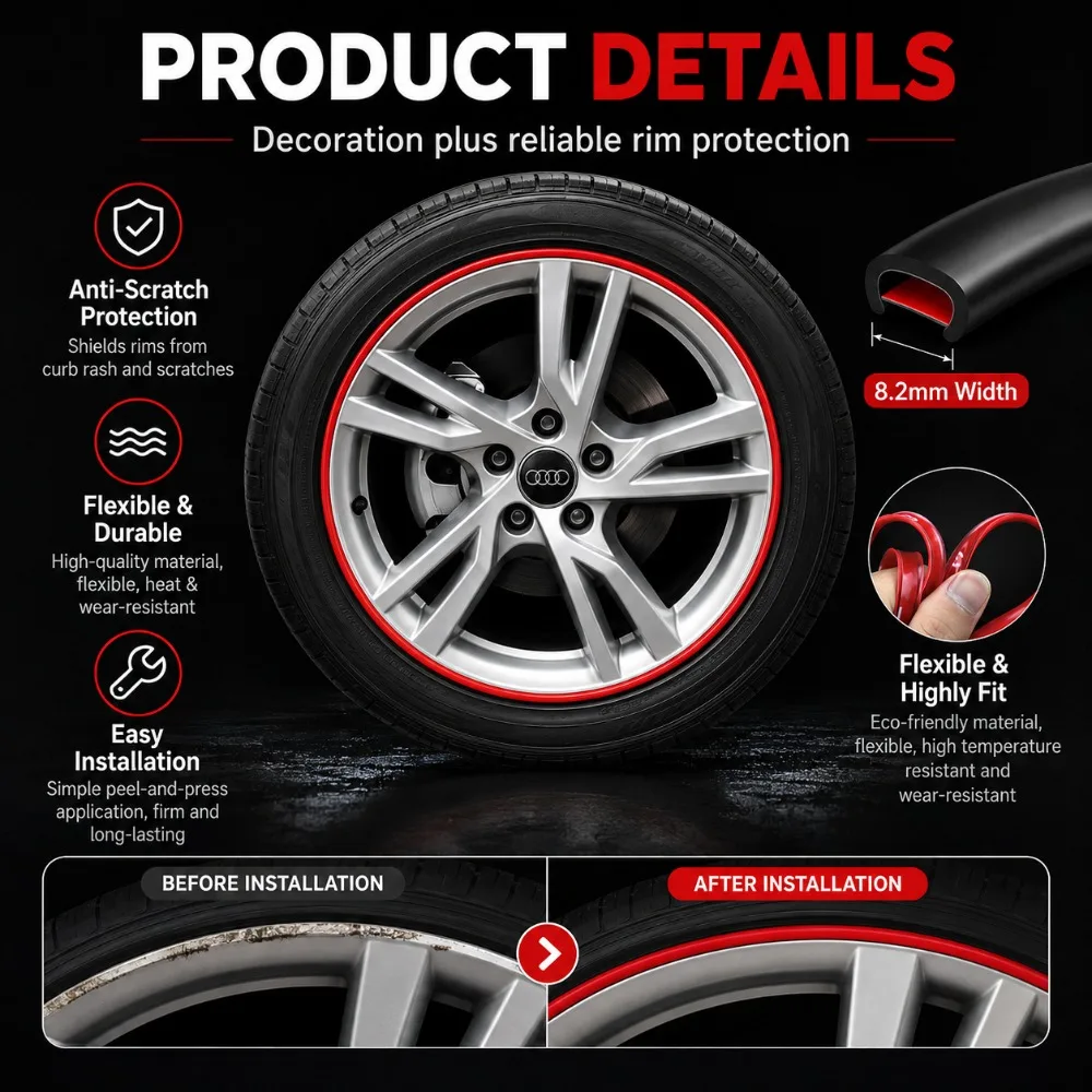 8M Roll Rim blades Car Vehicle Color Wheel Rims Protectors Decor Strip Tire Guard Line Rubber Moulding Trim