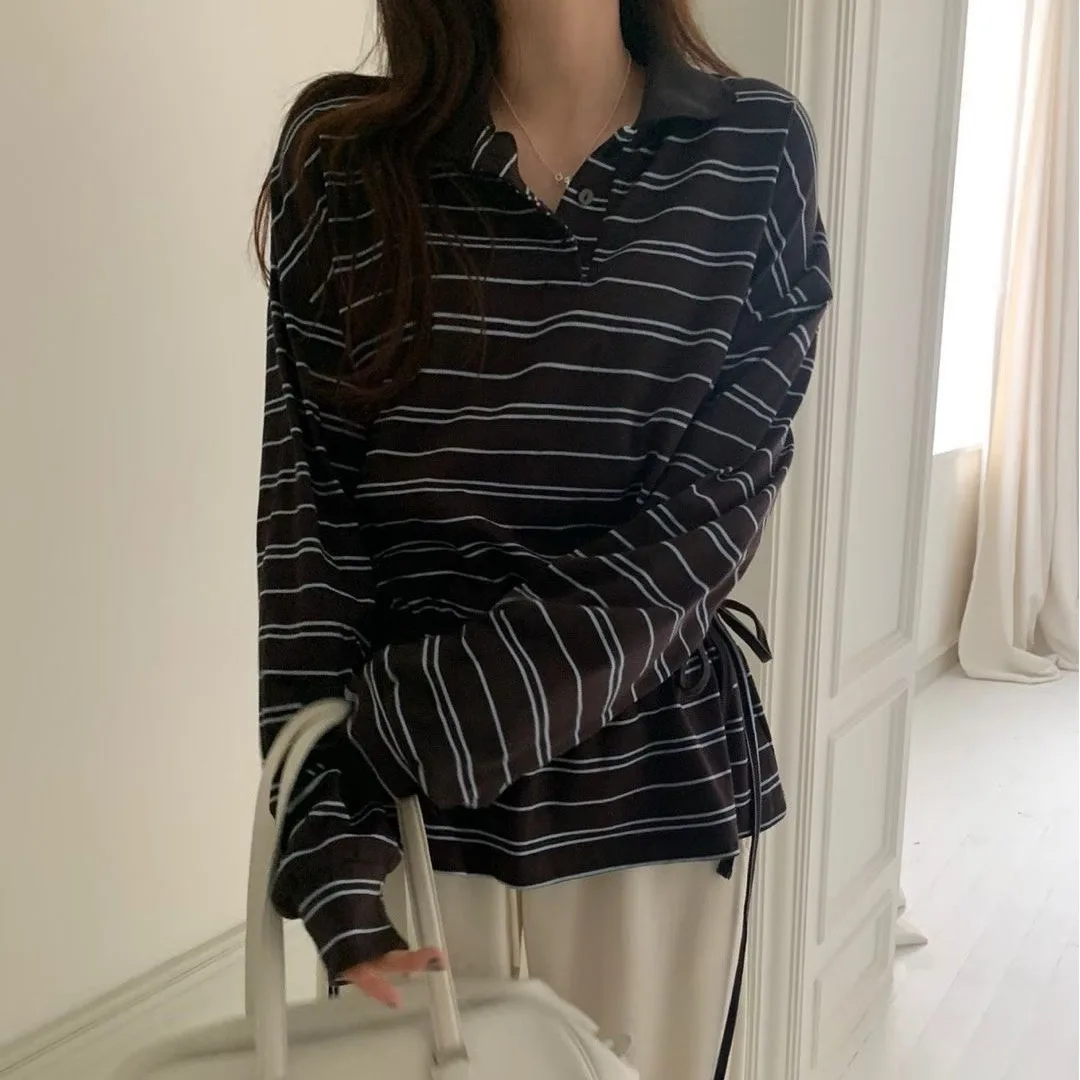 Korean Style Casual Fashionable Striped Top Versatile Long Sleeve T-Shirt for Women Comfortable Universal Fit Regular Length