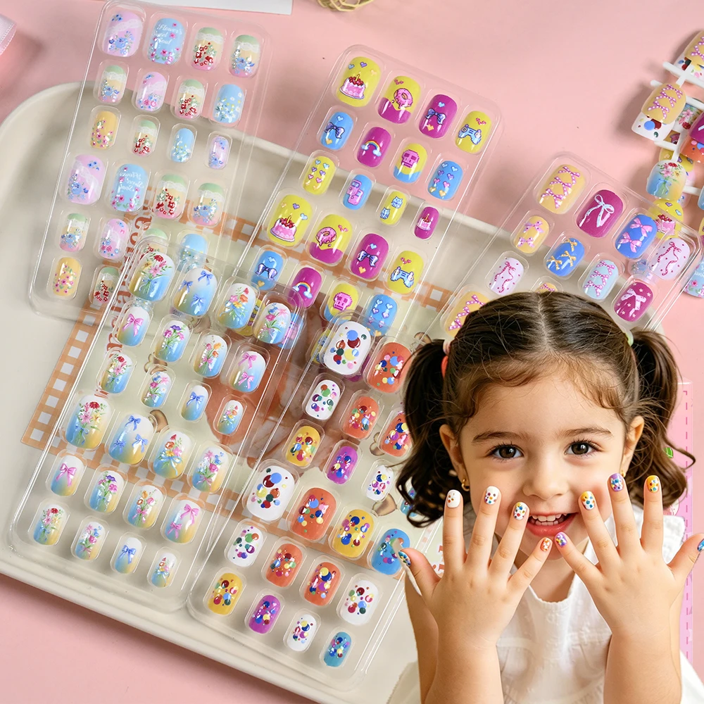 

120Pcs Kids Colorful Balloon Bow Pattern False Nails Cute Heart Cake Flower Acrylic Press on Nails Full Cover Wearable Fake Nail