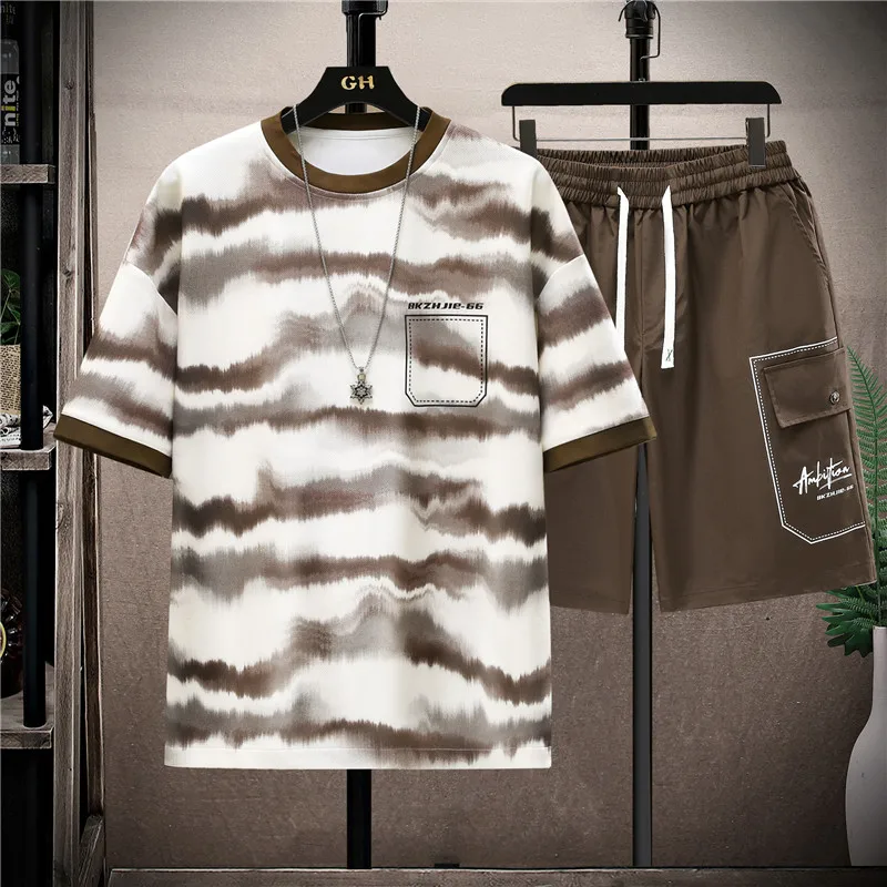 

New Summer Fashion Trendy Ice Silk Breathable Running Short Sleeve T-Shirt Set Men's Casual Loose Sports Plus Size Two-Piece Set