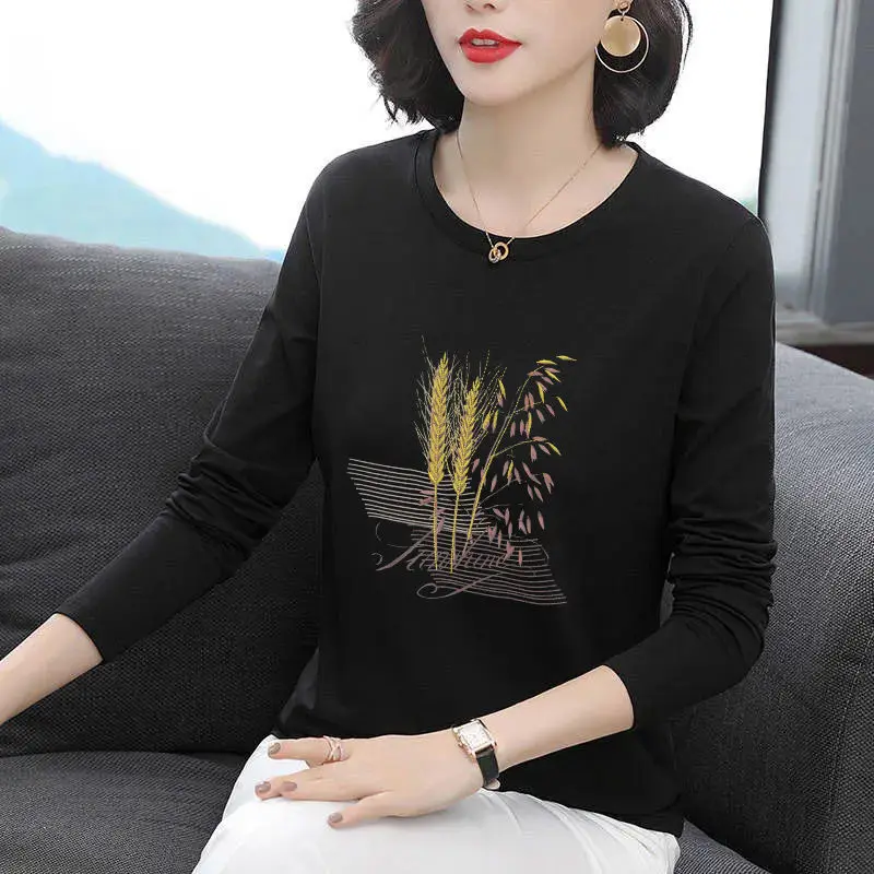 Women\'s Korean Simple Style Floral Print Loose Long Sleeve Cotton Basic T-shirts Casual Round Neck Loose Top Female Clothing2023