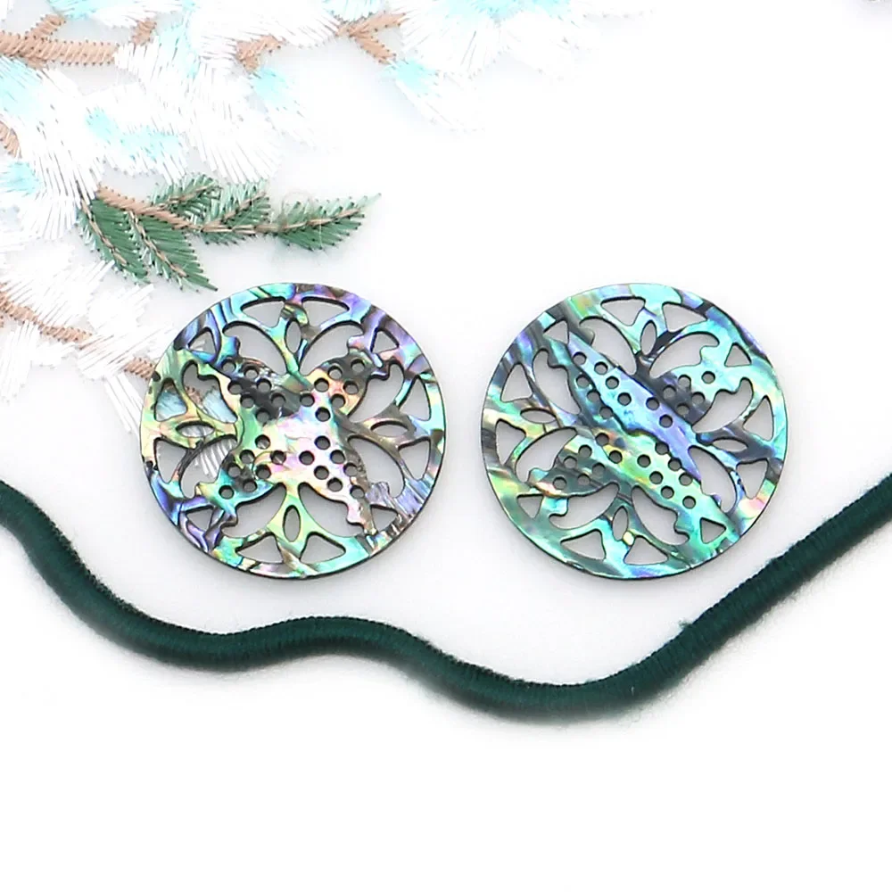 Natural Abalone Shell Polished Round Disc Carved Hollow Pattern Loose Iridescent Pendant Beads DIY Necklace Exquisite Jewelry