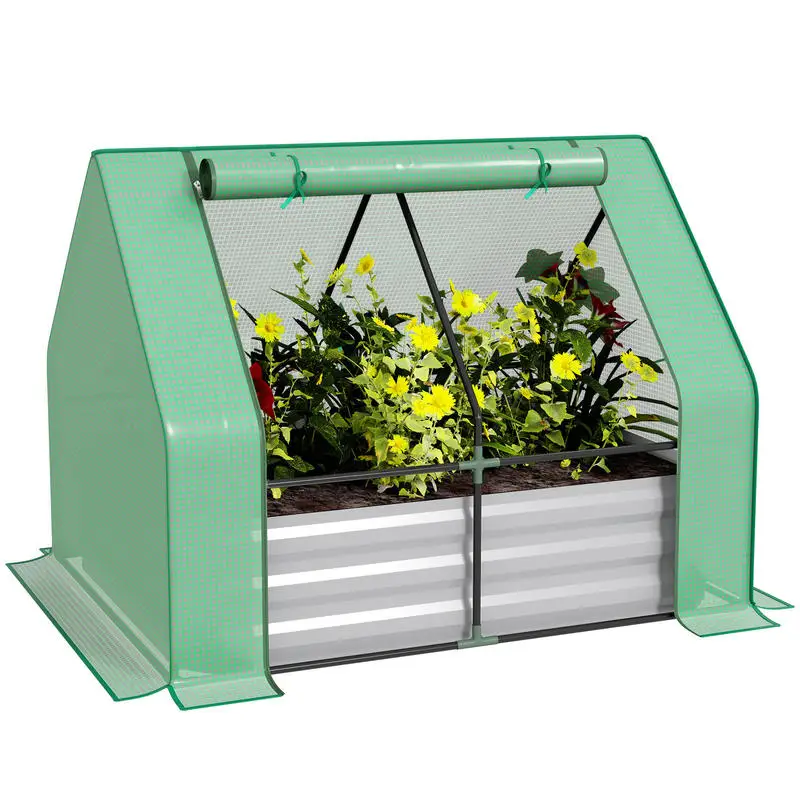 

Outsunny 4 x 3ft Metal Planter Box with Mini Greenhouse, Galvanized Raised Garden Bed with Cover for Herbs and Vegetables, Small Greenhouse for Patio Garden Balcony, Green and Gray