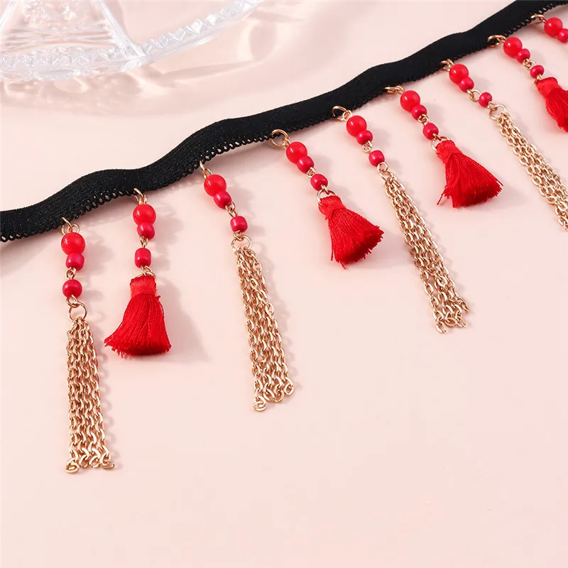 Aihua Gotische Viktorianische Schwarz-Rote Spitzen-Halskette für Damen und Mädchen, Boho Kristall-Quasten Sexy Spitzen-Choker, Steampunk Dark Loli Stil Schmuck – Detail 5