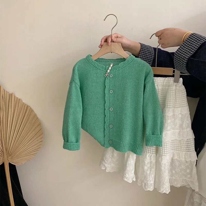 Children's Knitted Cardigan Lace Collar 2025 Spring and Autumn New Floral Long Sleeve solid color sweater