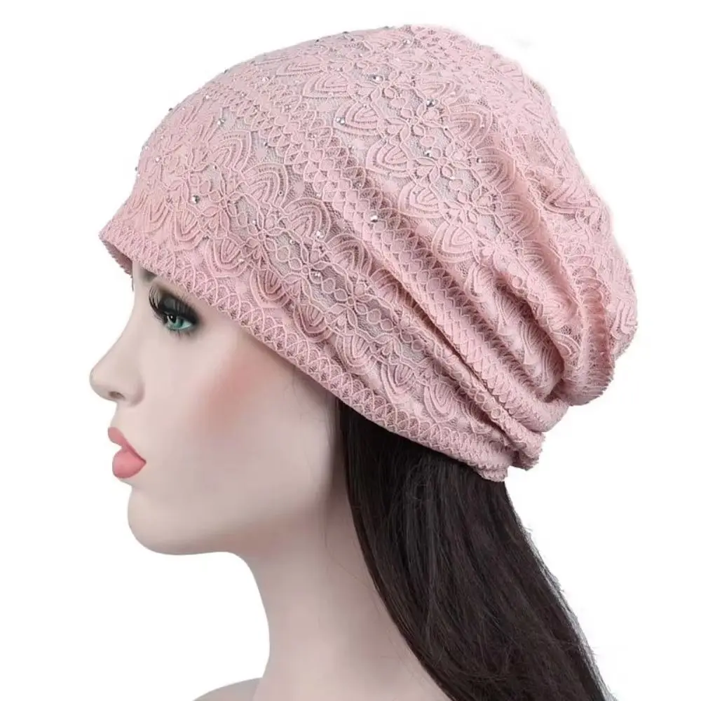 Fashion Lace Lace Beanie Hat Double Layer Rhinestone Slouchy Beanie Floral Pattern Soft Lining Double Layer Hat Daily Wear