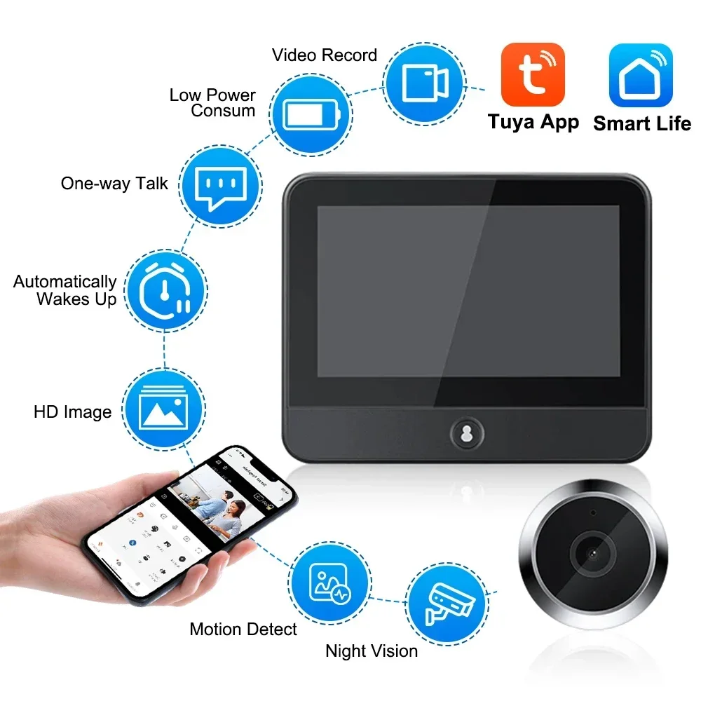 Awapow Tuya Wireless Radar Doorbell Wifi Door Peepholes Camera PIR Motion Detection 1080P Night Vision  4.3 Inch Rechargeable