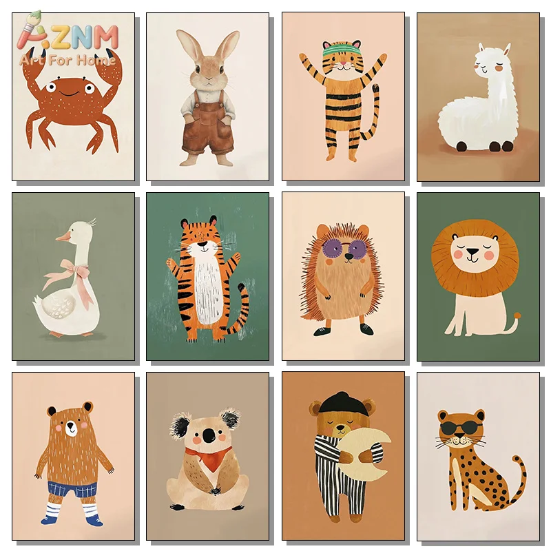AZNM Cartoon Cute Animal Canvas Print Tiger Lion Rabbit Crab Alpaca Koala Colorful Kids Nursery Unframed Wall Poster Decor Art