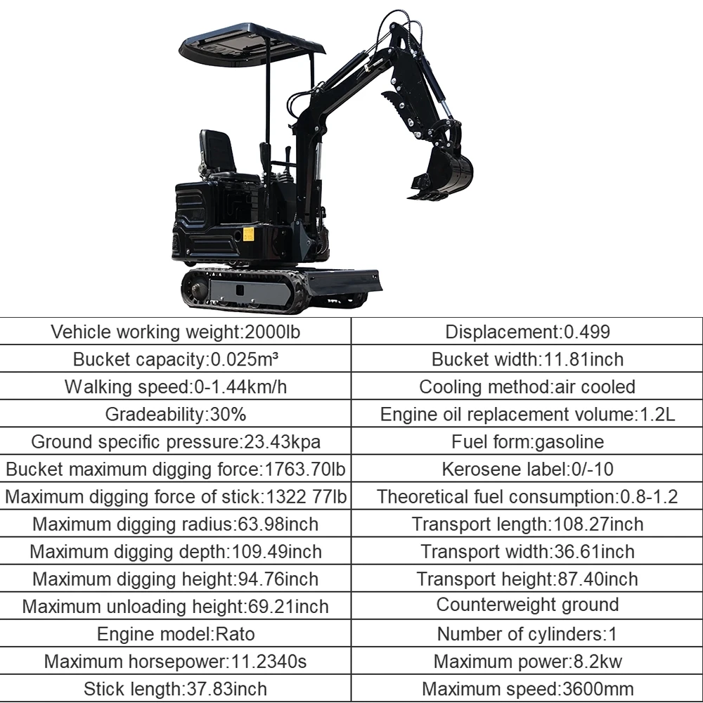 Mini excavadora de orugas todo terreno con motor con certificación EPA de 13,5 caballos de fuerza de 1 tonelada