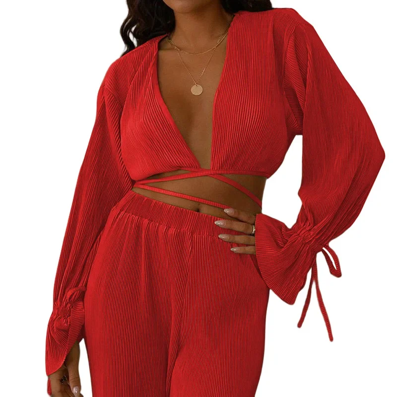 

Autumn Women Tracksuit Two Piece Pants Set Elegant Fashion Long Sleeve V Neck Crop Top Wide Leg Pants Suit Outfits Streetwear
