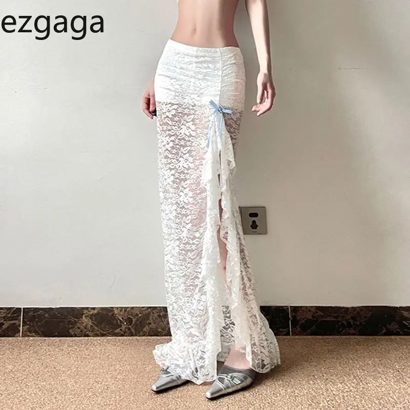 

Ezgaga женские юбки во французском стиле элегантные кружевные лоскутные с разрезом тонкий бант с оборками милая элегантная модная длинная юбка женская вечеринка