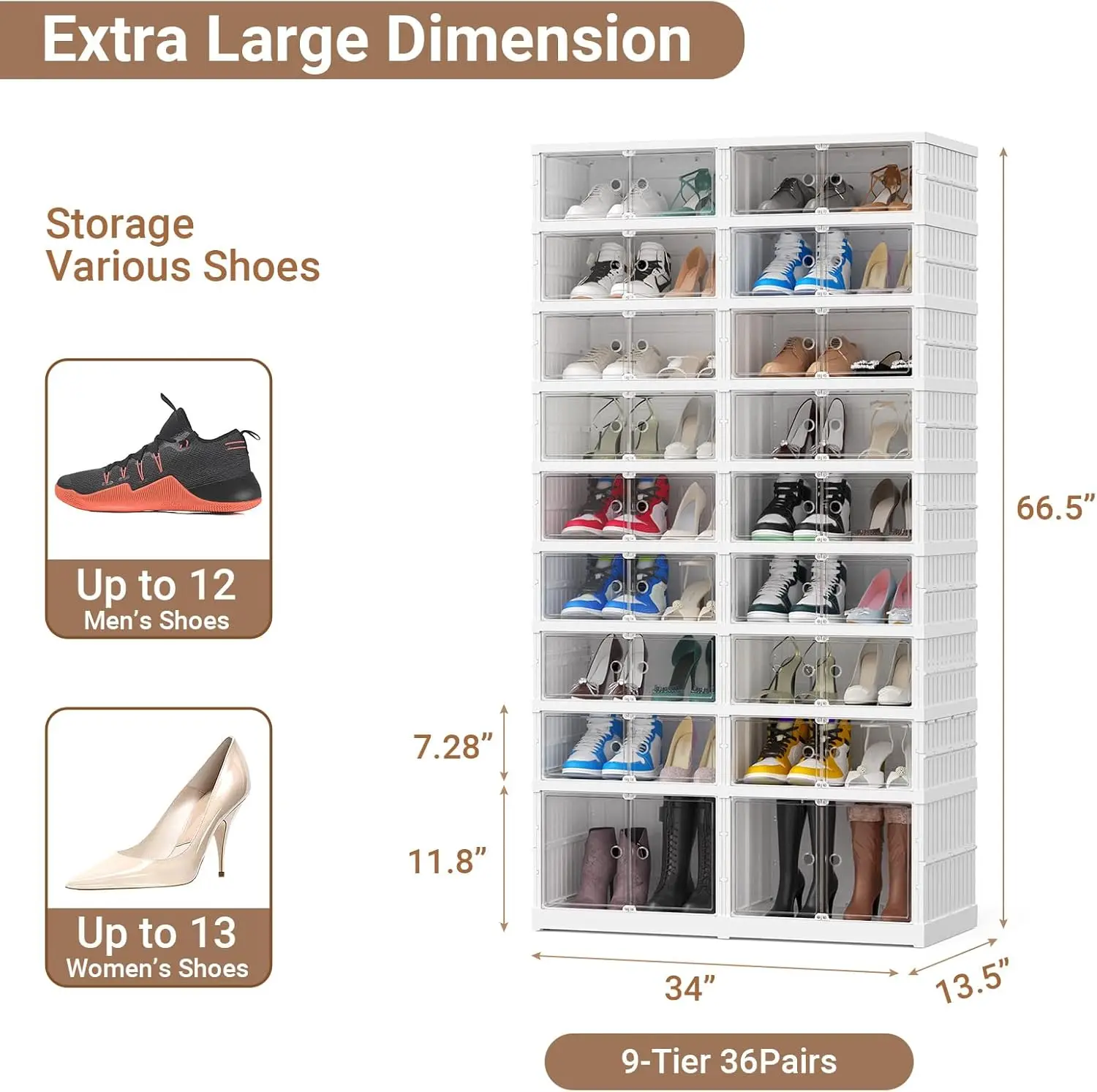 9 Layers 36 Pairs Plastic Shoe Storage Box, Large Foldable Stackable Shoe Rack, FoldingStorage Cabinet Container Sports Box