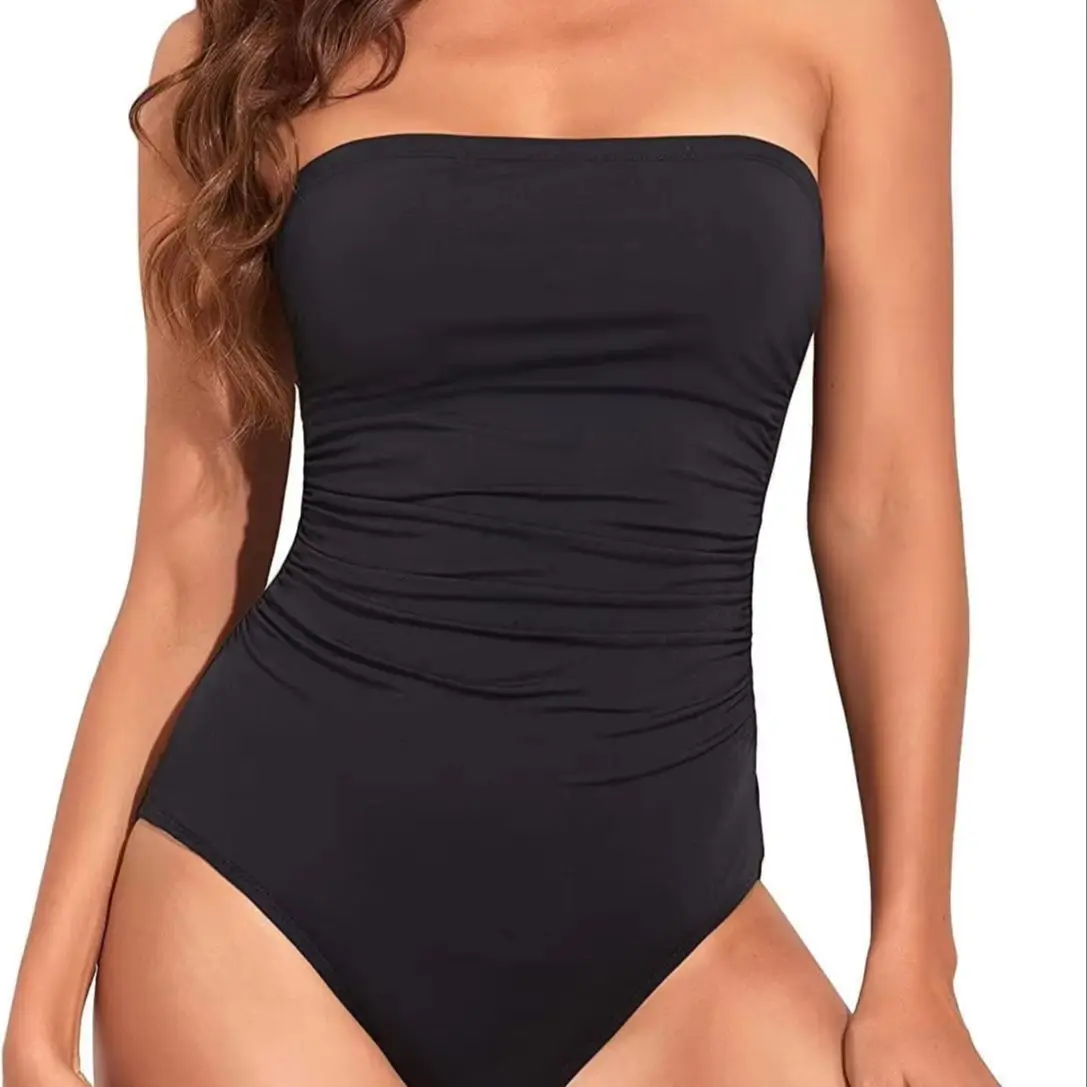

2025 Sexy Cutout Monokini Set Women's Solid Color Bandeau Swimsuit with High-Leg & Adjustable Straps Tummy Control One-Piece Set