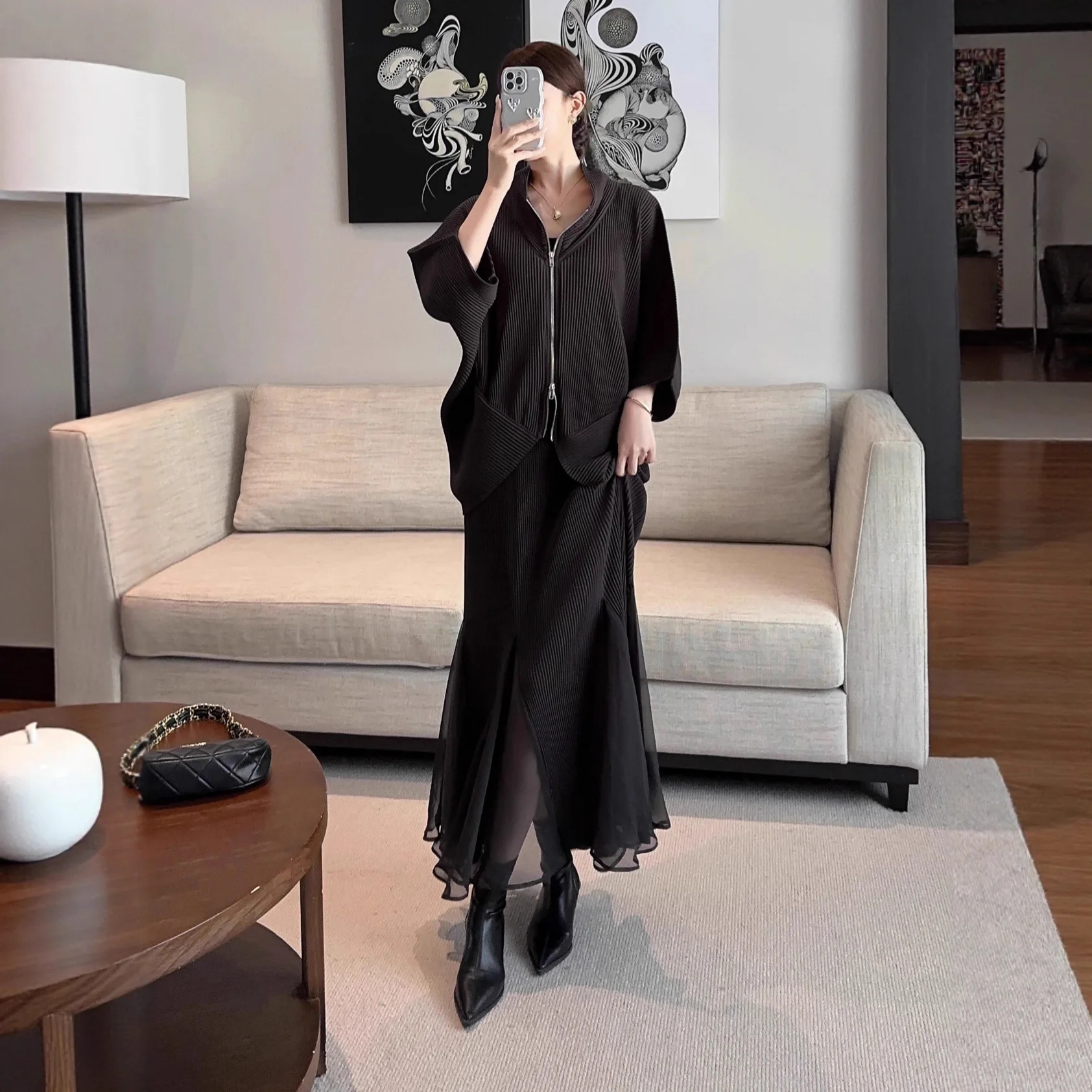 Miyake-chaquetas plisadas de manga tres cuartos para mujer, abrigos negros informales holgados con doble cremallera, novedad de otoño