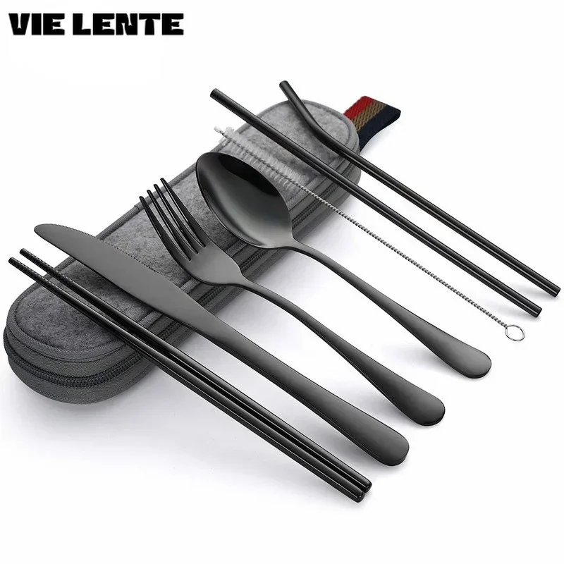 8Pcs/set Tableware Reusable Travel Cutlery Set Camp Utensils Set with Stainless Steel Spoon Fork Chopsticks Straw Portable Case