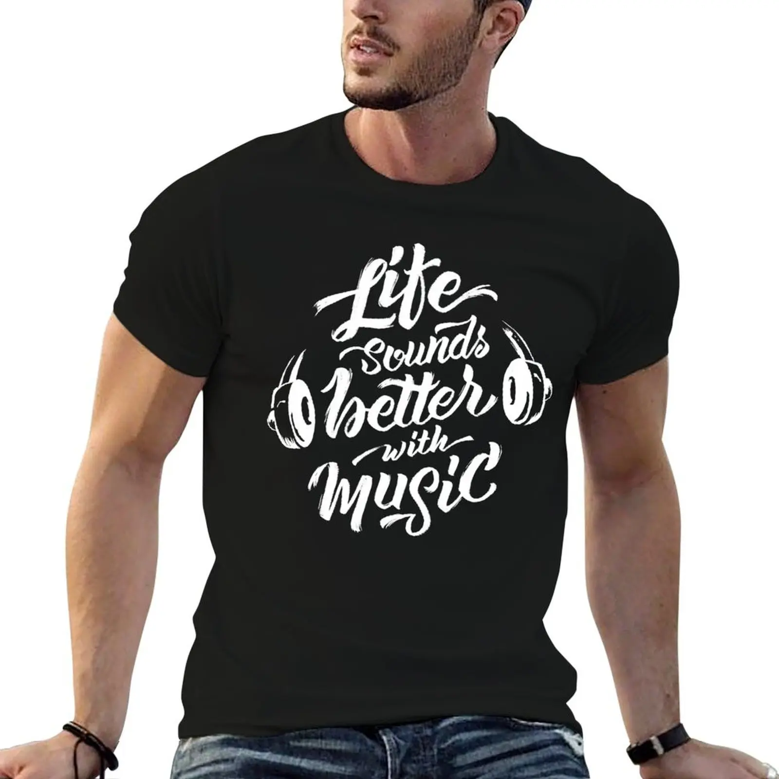 Life Sounds Better With Music - Cool Typographic Music Art T-Shirt Large Size Breathable Tee