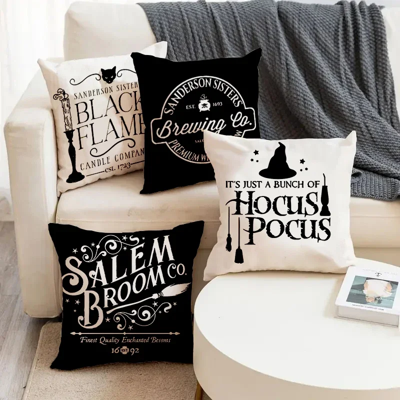 Black Flame Hocus Pocus Broom Pattern Print Soft Square Pillowslip Linen Blend Cushion Cover Pillowcase Living Room Home Decor