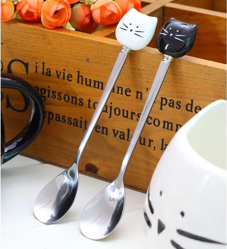 300Pcs Cartoon White Black Cat Spoon Stainless Steel Tea Coffee Ice Cream Spoons Tableware Decor Wholesale ni168