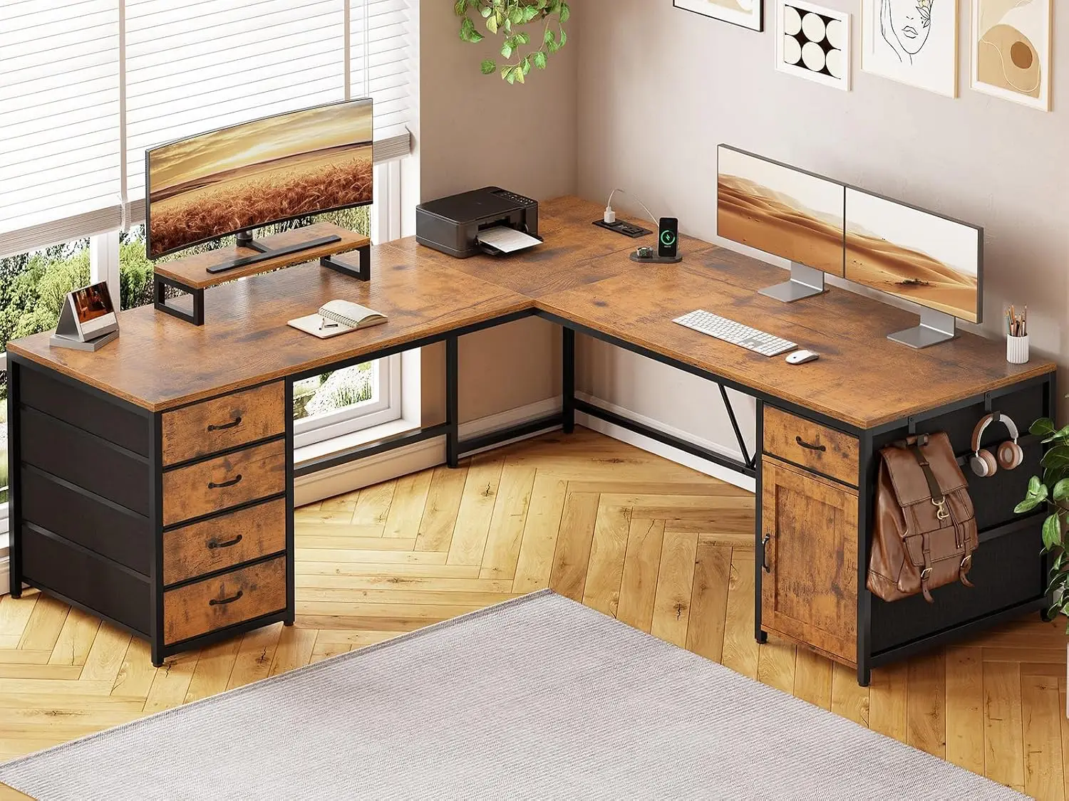L Shaped Desk with 5 Drawers & Monitor Shelf, Corner Computer Workstation for Home Office 63